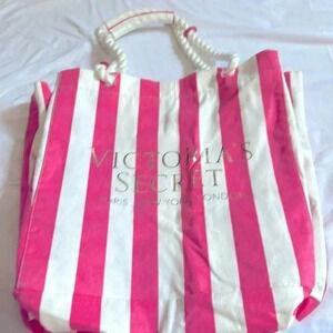 Victoria’s Secret canvas beach bag. tropical flowers/ iconic pink stripe